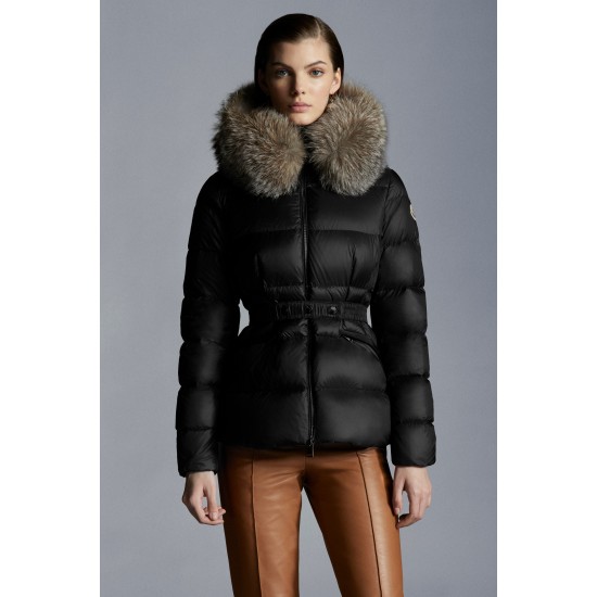 2022 MONCLER Boed Fur Collar Kort Jakke Dame Waist Dunfrakke Vinterjakke Sort