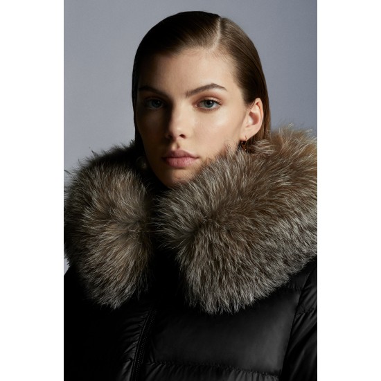 2022 MONCLER Boed Fur Collar Kort Jakke Dame Waist Dunfrakke Vinterjakke Sort