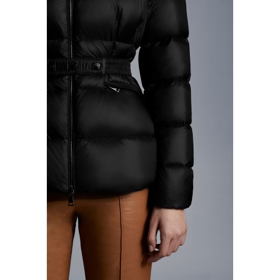 2022 MONCLER Boed Fur Collar Kort Jakke Dame Waist Dunfrakke Vinterjakke Sort