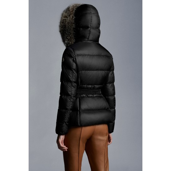 2022 MONCLER Boed Fur Collar Kort Jakke Dame Waist Dunfrakke Vinterjakke Sort