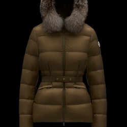 2022 MONCLER Boed Fur Collar Kort Jakke Dame Waist Dunfrakke Vinterjakke Natural Camel Beige