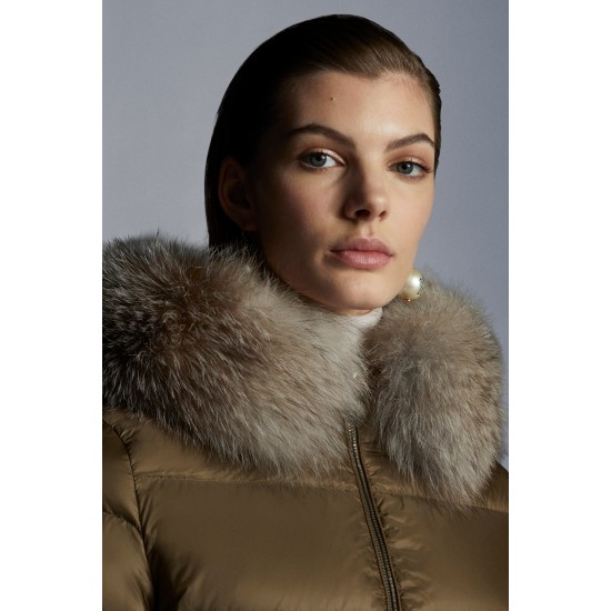 2022 MONCLER Boed Fur Collar Kort Jakke Dame Waist Dunfrakke Vinterjakke Natural Camel Beige