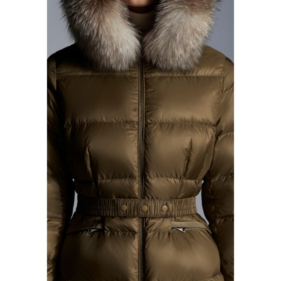 2022 MONCLER Boed Fur Collar Kort Jakke Dame Waist Dunfrakke Vinterjakke Natural Camel Beige