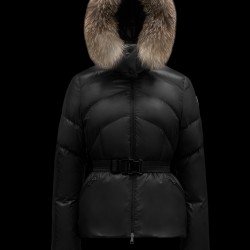 2022 MONCLER Laitue Fur Collar Kort Jakke Dame Waist Dunfrakke Vinterjakke Sort