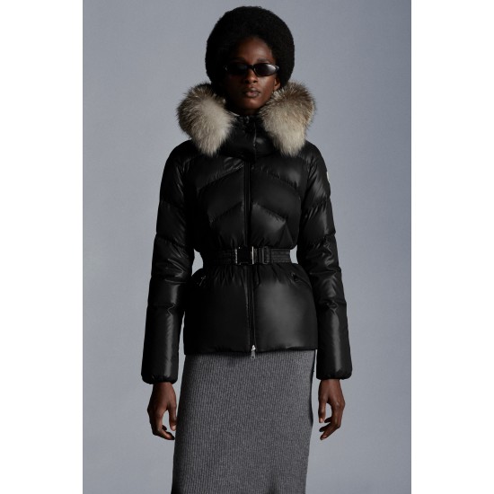 2022 MONCLER Laitue Fur Collar Kort Jakke Dame Waist Dunfrakke Vinterjakke Sort