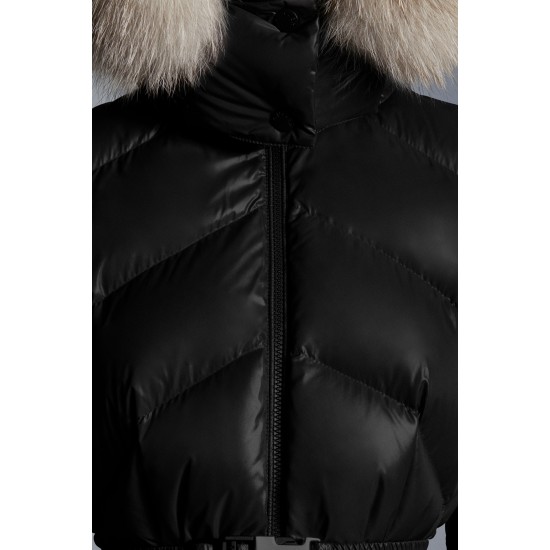 2022 MONCLER Laitue Fur Collar Kort Jakke Dame Waist Dunfrakke Vinterjakke Sort