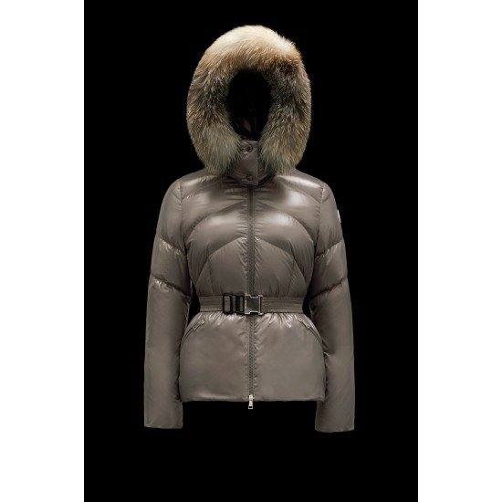 2022 MONCLER Laitue Fur Collar Kort Jakke Dame Waist Dunfrakke Vinterjakke Dark Grå