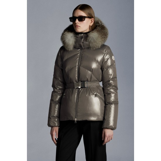 2022 MONCLER Laitue Fur Collar Kort Jakke Dame Waist Dunfrakke Vinterjakke Dark Grå