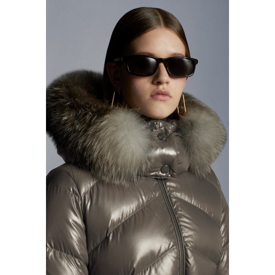 2022 MONCLER Laitue Fur Collar Kort Jakke Dame Waist Dunfrakke Vinterjakke Dark Grå