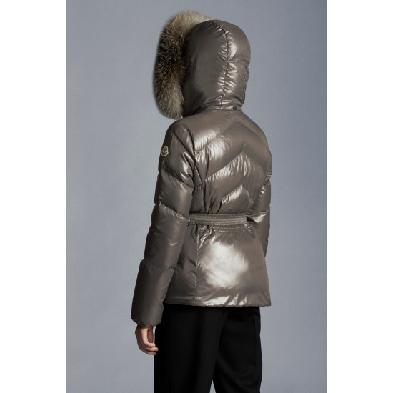 2022 MONCLER Laitue Fur Collar Kort Jakke Dame Waist Dunfrakke Vinterjakke Dark Grå