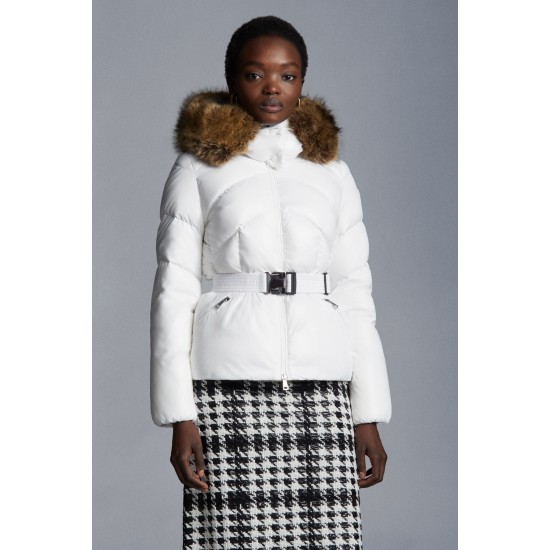 2022 MONCLER Laitue Fur Collar Kort Jakke Dame Waist Dunfrakke Vinterjakke Off hvid