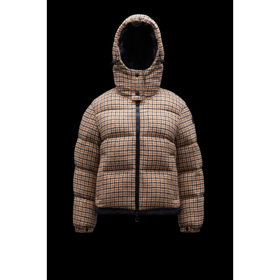 2022 Moncler Bugrane Kort Hætte Jakke Dame Dunfrakke Vinterjakke Burnt Orange And Sort Check