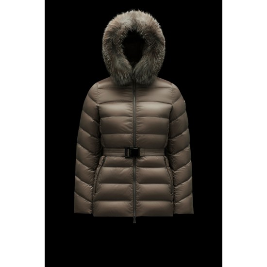 2022 Moncler Cupidone Fur Collar Kort Jakke Dame Waist Dunfrakke Vinterjakke Taupe