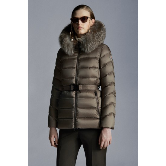 2022 Moncler Cupidone Fur Collar Kort Jakke Dame Waist Dunfrakke Vinterjakke Taupe