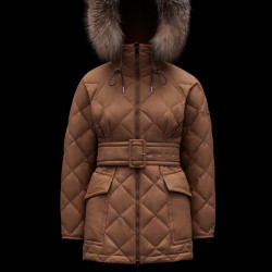 2022 Moncler Ficodie Fur Collar Kort Jakke Dame Waist Dunfrakke Vinterjakke Brun