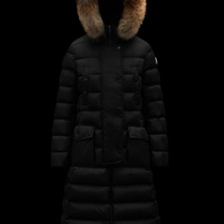 2022 Moncler Khloe Parka Fur Hætte Collar Lang Jakke Dame Dunfrakke Vinterjakke Sort