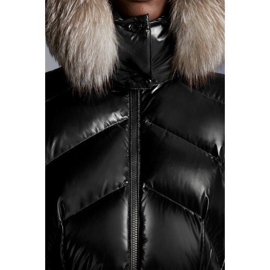 2022 Moncler Lalteron Parka Fur Collar Hætte Lang Jakke Dame Dunfrakke Vinterjakke Sort