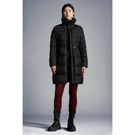 2022 Moncler Malban Parka Lang Jakke Dame Waist Dunfrakke Vinterjakke Sort