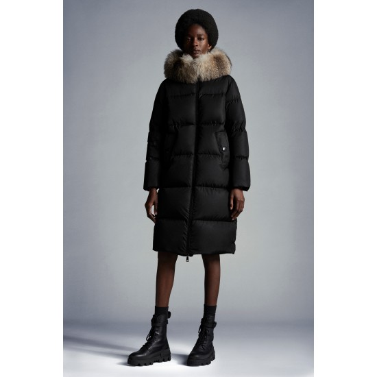 2022 Moncler Marrionnier Parka Fur Hætte Collar Lang Jakke Dame Dunfrakke Vinterjakke Sort