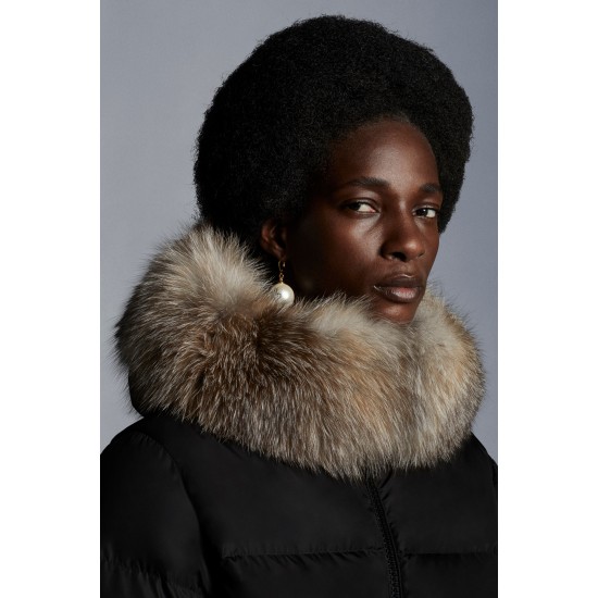 2022 Moncler Marrionnier Parka Fur Hætte Collar Lang Jakke Dame Dunfrakke Vinterjakke Sort