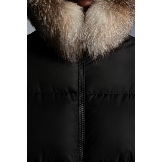 2022 Moncler Marrionnier Parka Fur Hætte Collar Lang Jakke Dame Dunfrakke Vinterjakke Sort