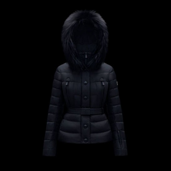 Moncler GRENOBLE Kort Nylon Plain Logo Dame Ski Hætte Jakkes With Fur Collar Dark blå