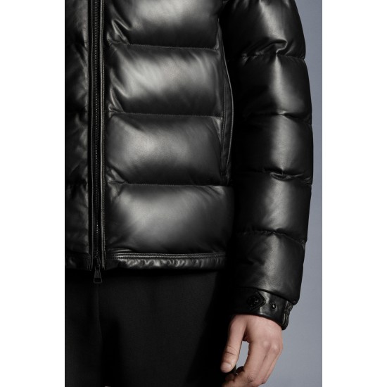 2022 Moncler Gebroulaz Padded Leather Puffer Jackets Kort Dunjakke Herrer Dunfrakke Vinter overtøj Sort