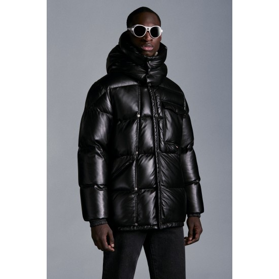 2022 Moncler Promio Leather Jacket Casual Kort Dunjakker Herrer Dunfrakke Vinter overtøj Sort