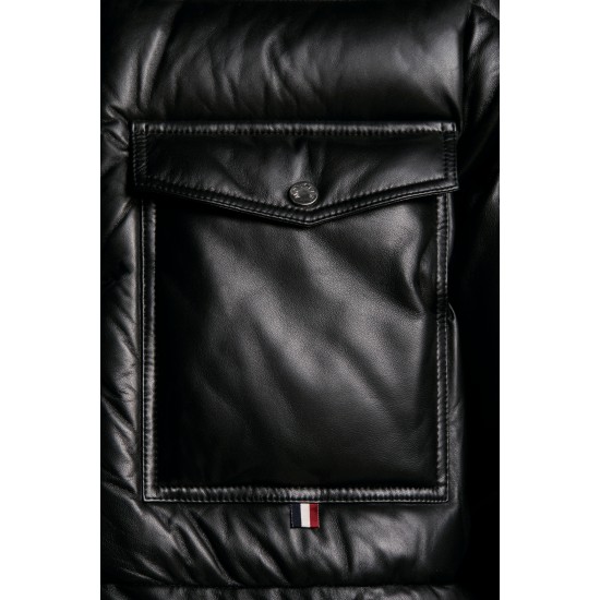 2022 Moncler Promio Leather Jacket Casual Kort Dunjakker Herrer Dunfrakke Vinter overtøj Sort