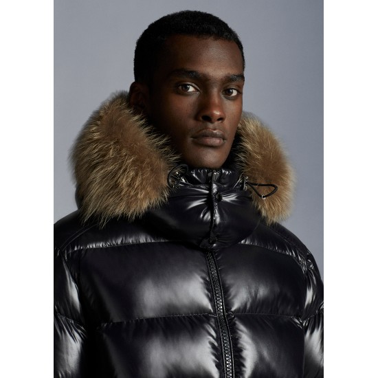 Moncler Maya Fur Kort Quilted Dunjakker Herrer Hætte Dunfrakker Vinter overtøj Sort