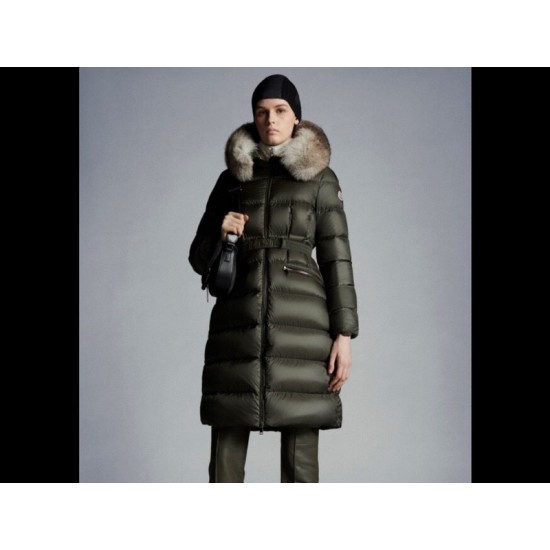 Moncler Dunjakke Dame lang Coat Vintertøj With Fur Collar Hat Boedic militærgrøn