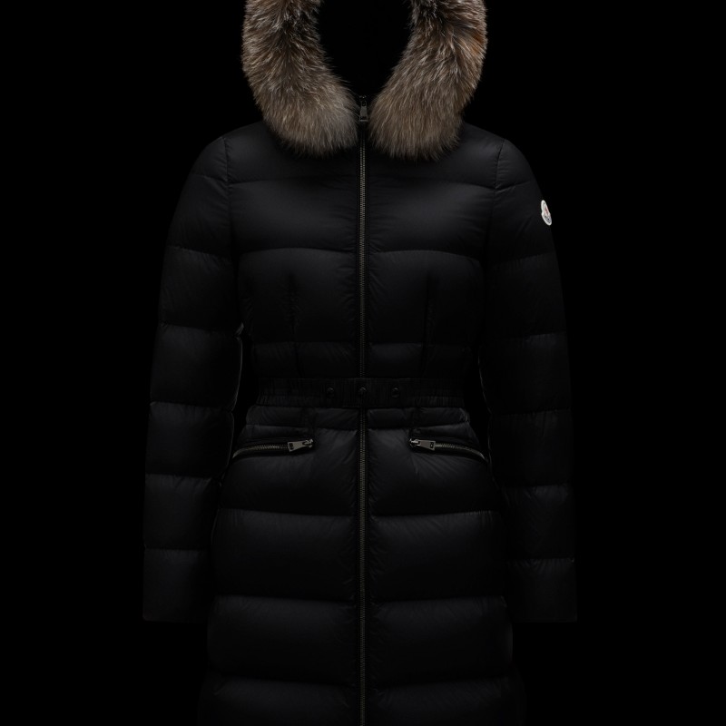 Moncler Dunjakke Dame lang Coat Vintertøj With Fur Collar Hat Fulmarus Sort  