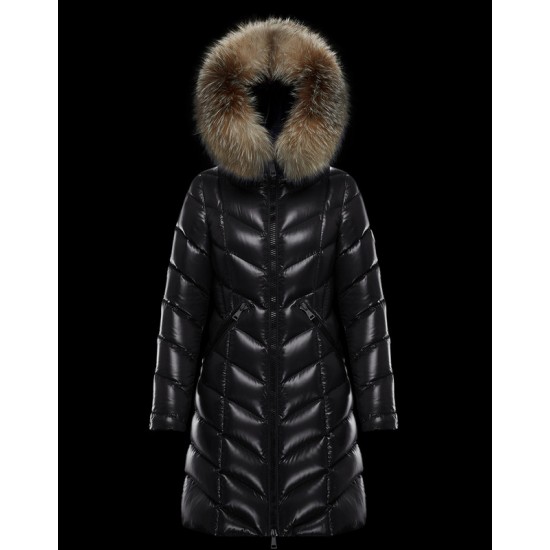 Moncler Dunjakke Dame lang Quilted Dunfrakke Vintertøj With Fur Collar Hat Fulmarus Sort