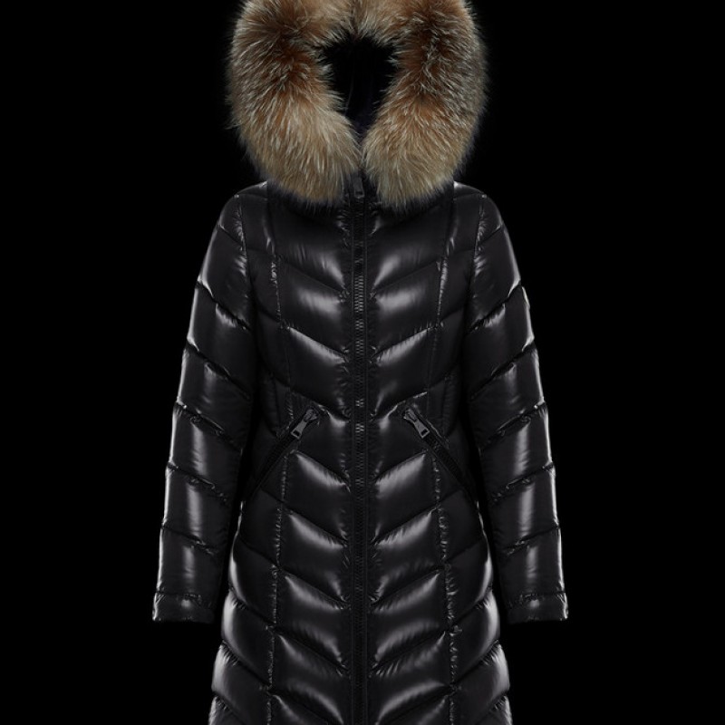 Moncler Dunjakke Dame lang Quilted Dunfrakke Vintertøj With Fur Collar Hat Fulmarus Sort 