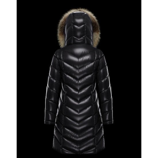 Moncler Dunjakke Dame lang Quilted Dunfrakke Vintertøj With Fur Collar Hat Fulmarus Sort