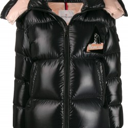 Moncler Wilson Logo Patch Down Puffer Jacket Damer Hætte Dunfrakke Vinter overtøj Sort Lyserød 